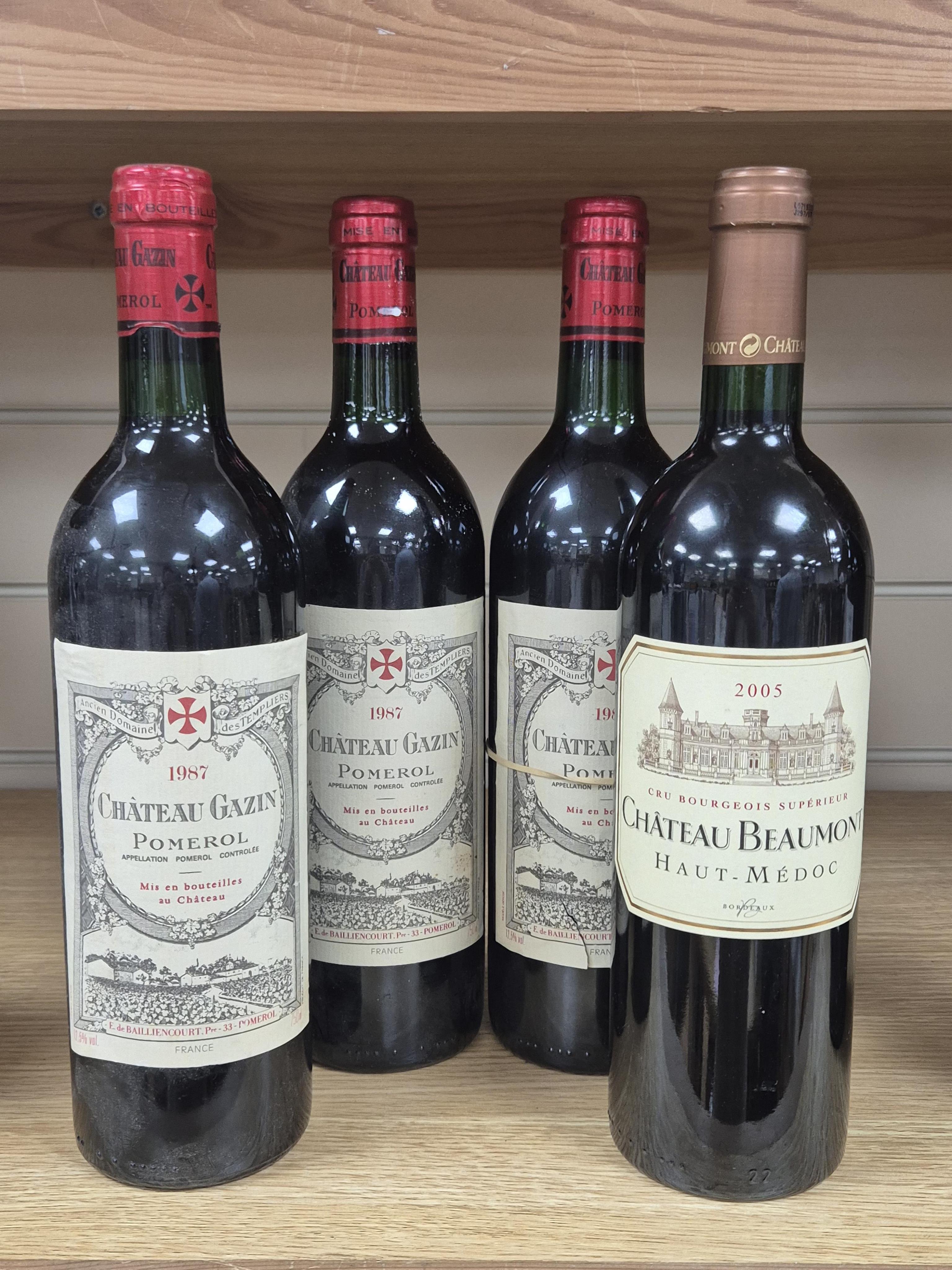 Four Bottles of Bordeaux red wine comprising three bottles of Château Gazin Pomerol, 1987, plus a Château Beaumont Haut-Medoc, 2005